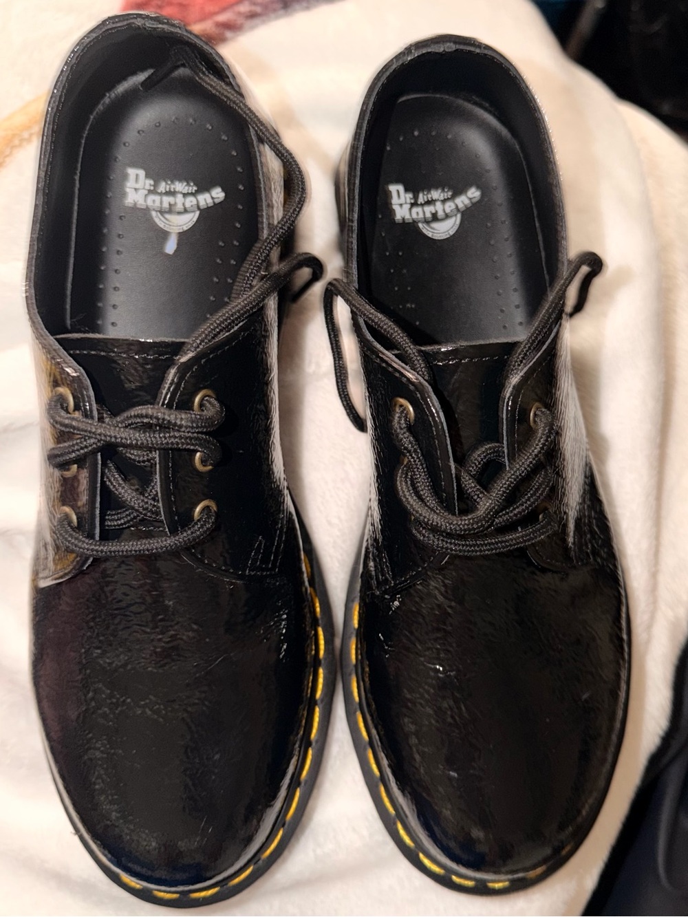 Dr. Martens Black Patent 3-Eye Derby with Yellow Stitching